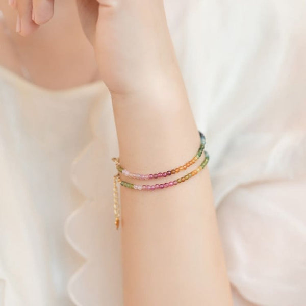 Set Gioielli Con Tormalina Naturale Multicolore: Collana, Orecchini, Bracciale, Pietre Rotonde Placcato Oro, Nuovo