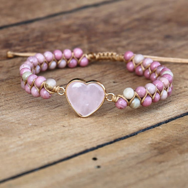 Bracelet tressé en Rhodonite et Quartz Rose