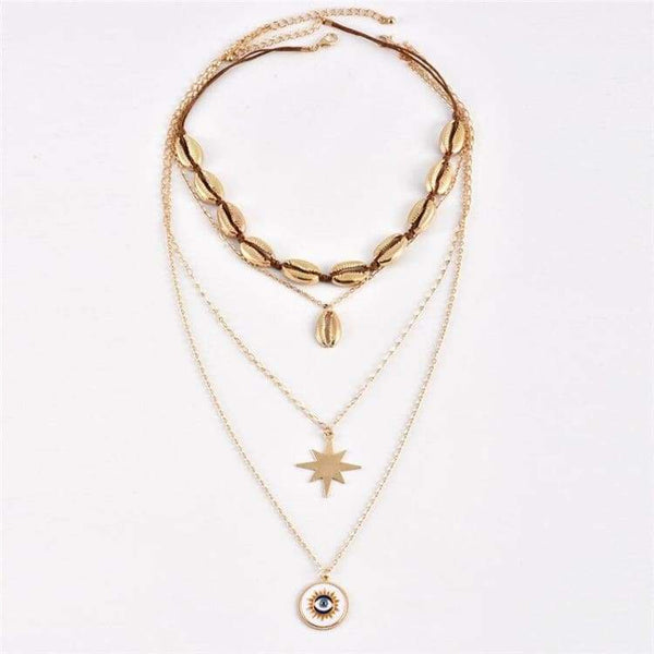 Bohemian Golden Shell Clavicle Chain Hexagon Star Evil Eye Pendant Necklace Female Yangguan Beach Surfing Jewelry Accessories