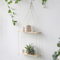 Etagère murale Zen en bois et macramé - Double rectangle