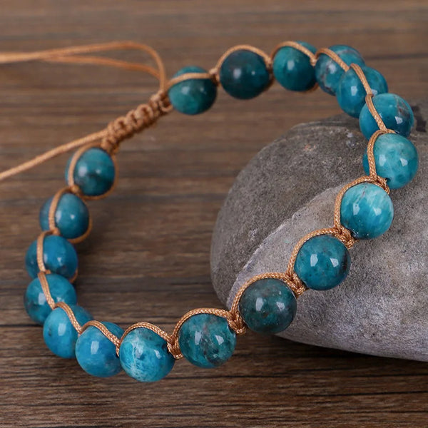 Bracciale in perle di apatite blu intrecciato a mano