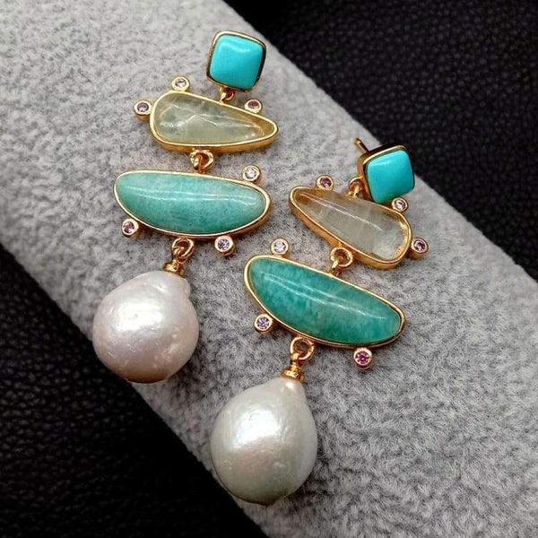 Boucles d’oreilles fantaisistes en turquoise amazonite et perle