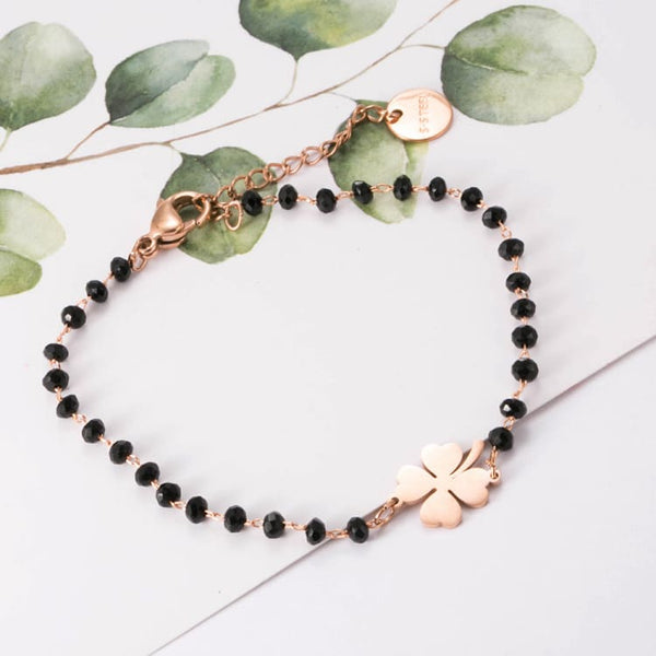 Rose Gold Clover Stainless Steel Charm Bracelets Women's Black Crystal Beads Chain Bracelet Fashion Jewelry 2020 Joyas de mujer