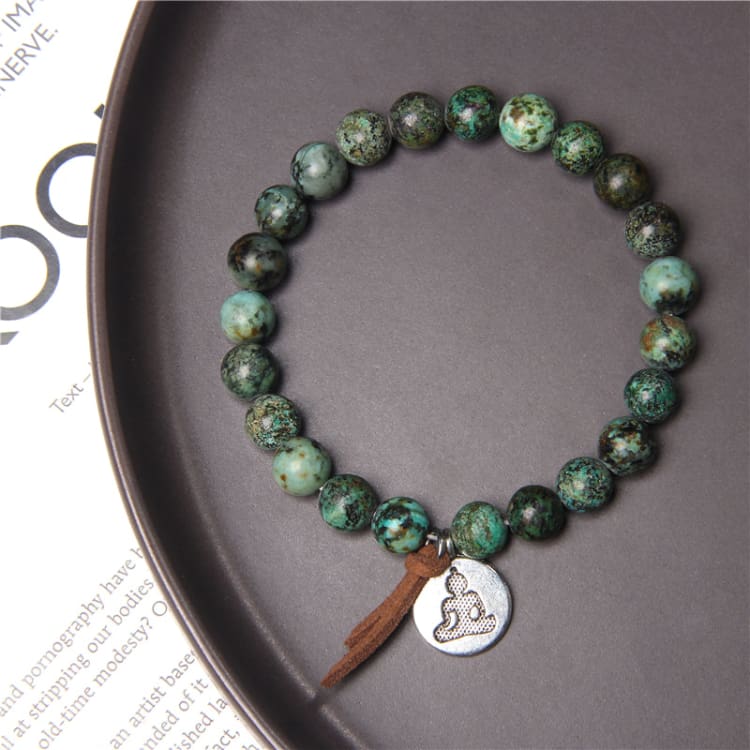 Natural African Turquoises Bracelets For Women Men 6 8 10mm Stone Beads Bracelet Alloy Ball Leaf Charm Vintage Exquisite Jewelry