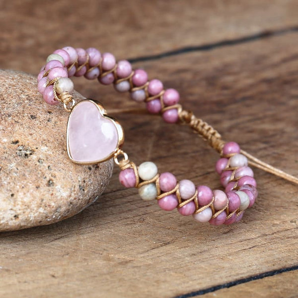 Bracelet tressé en Rhodonite et Quartz Rose