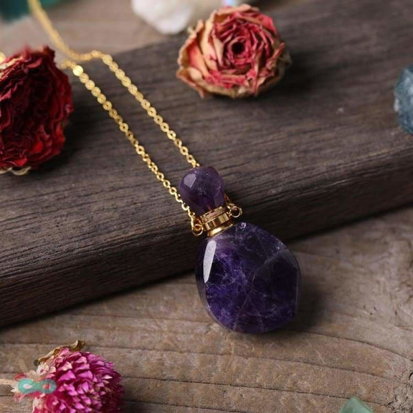 Collier avec pendentif diffuseur de parfum en pierre naturelle - Améthyste - Doré - collier