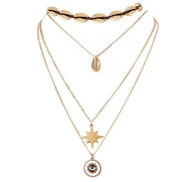 Bohemian Golden Shell Clavicle Chain Hexagon Star Evil Eye Pendant Necklace Female Yangguan Beach Surfing Jewelry Accessories