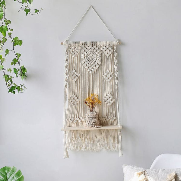 Etagère murale Zen en bois et macramé - Tapisserie